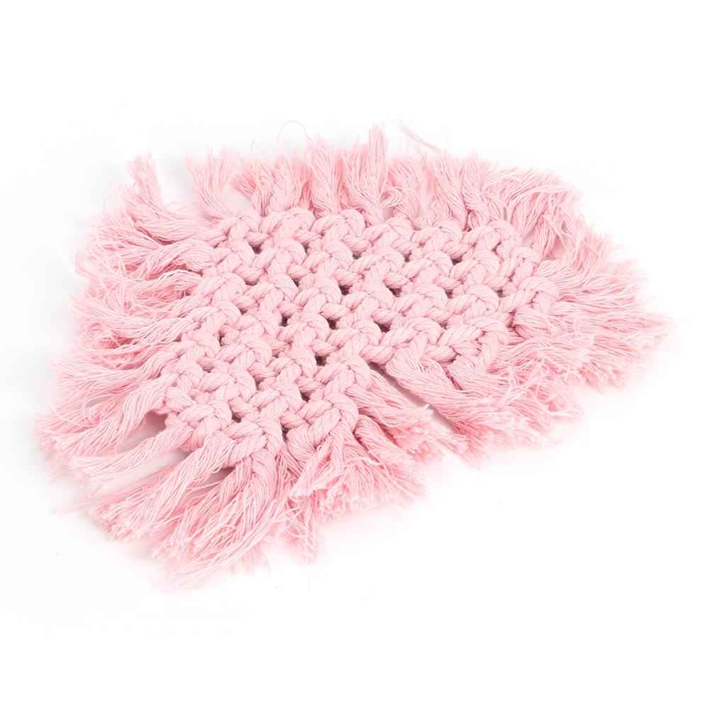 Household Kitchen Cotton Coffee Cup Coaster with Tassel Heat Insulated Pad Placemat Decoration(Pink Heart Shaped)
