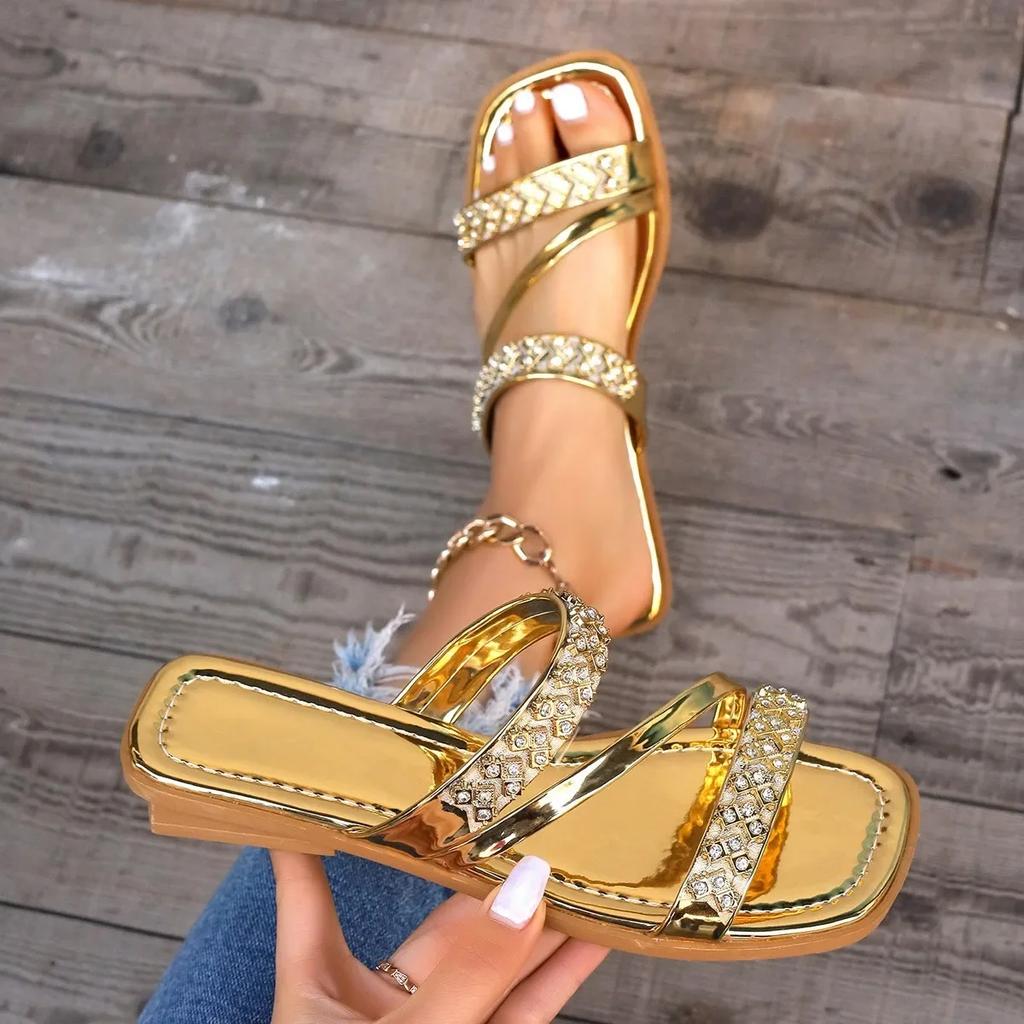 Large Size Rhinestone Square Heel One-line Sandals Summer New Solid Color Casual Outer Wear Beach Sandals/Slippers for Women