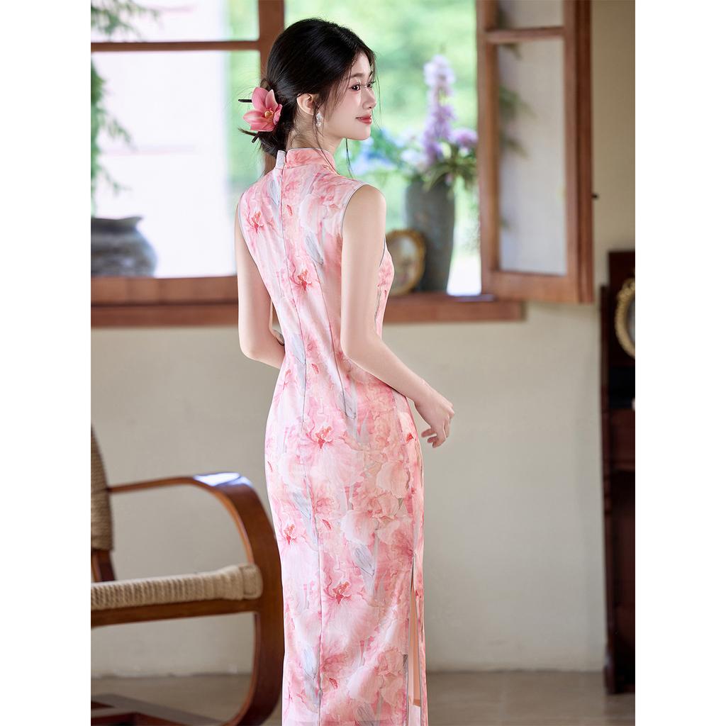 Improved cheongsam national style pink floral women's new Chinese style young elegant daily retro slim dress summer