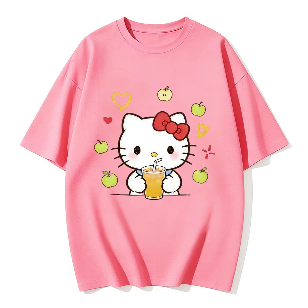 2026 New Summer HelloKitty Cute Graphic Tee Casual Short Sleeve Cotton Top for Women Girls Kawaii Cartoon Print Streetwear