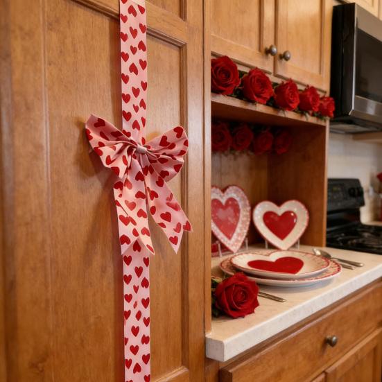 Valentine's Day Decoration Love Heart Bow Hanging Ornament Red Polyester Ribbon for Cabinet Door Wall Festive Home Decor