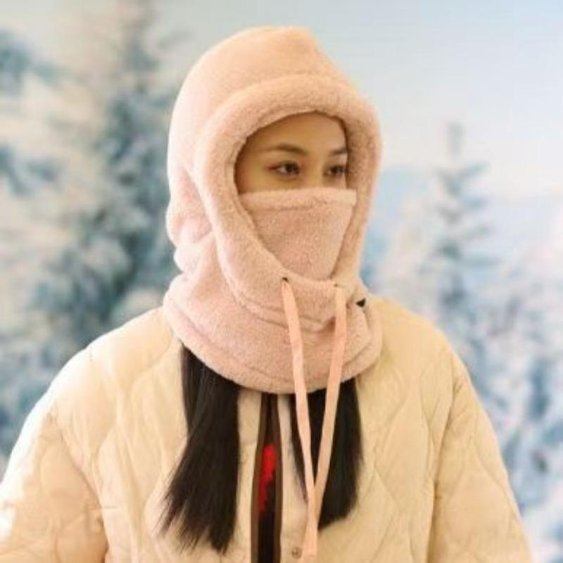 Women's Winter Thickened Plush Warm Ear Protection Hat Scarf Integrated Cap Trendy Ski Cycling Face Cover Windproof Pullover Hat