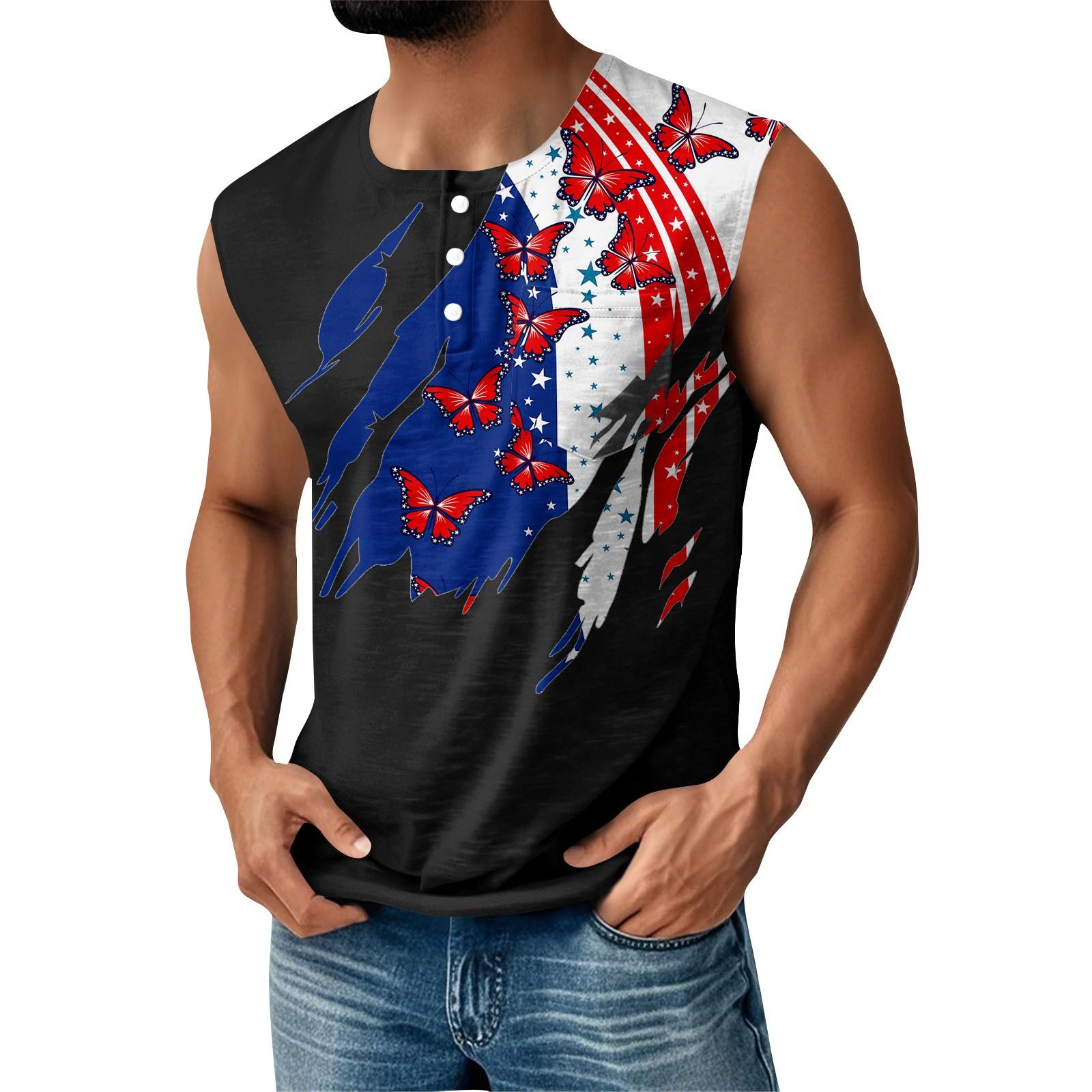 

Мужская летняя майка без рукавов с принтом ко Дню независимости, спортивная, на пуговицах, с карманом XL небесно-голубой