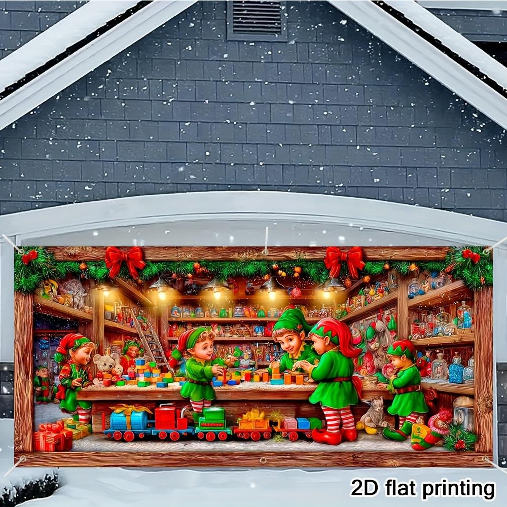 2D flat 1pc Santa Claus and Elves Workshop garage door banner - Holiday Christmas scene with train, holiday decoration