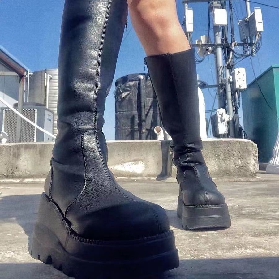 Big-headed Spice Girl Knight Boots Tall Boots Thick-soled Goth Small Height Boots y2k2025 Autumn New