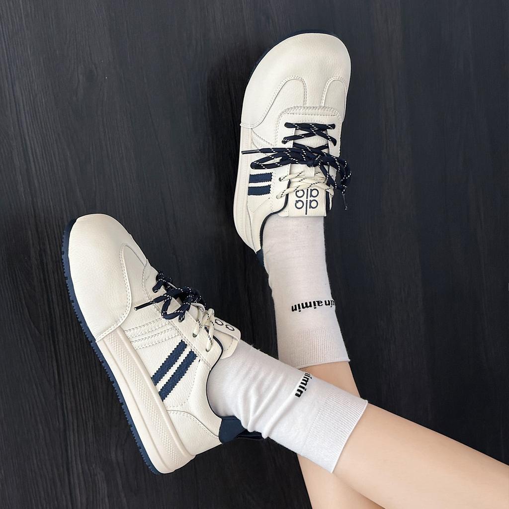 Leather thick-soled German training shoes women's autumn new versatile and lightweight round head color matching lace-up sports board shoes