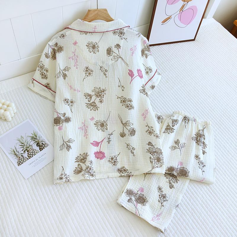 Nowy wiosenno-letni damski komplet piżamowy 100% bawełny krepowej z krótkim rękawem i spodniami, dwuczęściowy zestaw dla kobiet, uroczy domowy