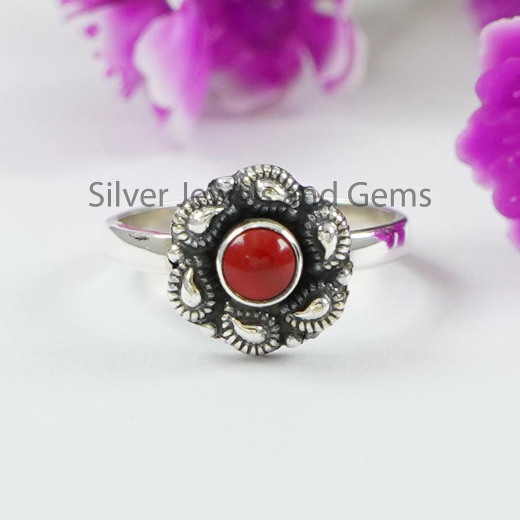 Red Coral Ring, Round Designer Ring, Dainty Ring, 925 Sterling Silver Ring, Gift for Her, April Birthstone Ring, Promise Ring, Gemstone Ring