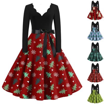 Women's Christmas Casual Fashion V-Neck Long Sleeve Printed Vintage Dresses