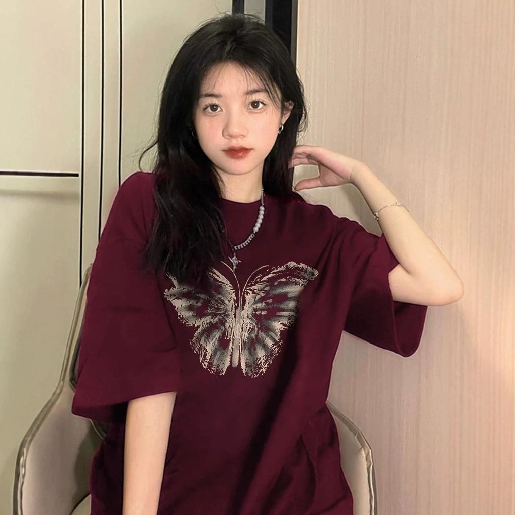 American retro t-shirt women's short-sleeved summer new burgundy chic loose half-sleeved t-shirt chic top
