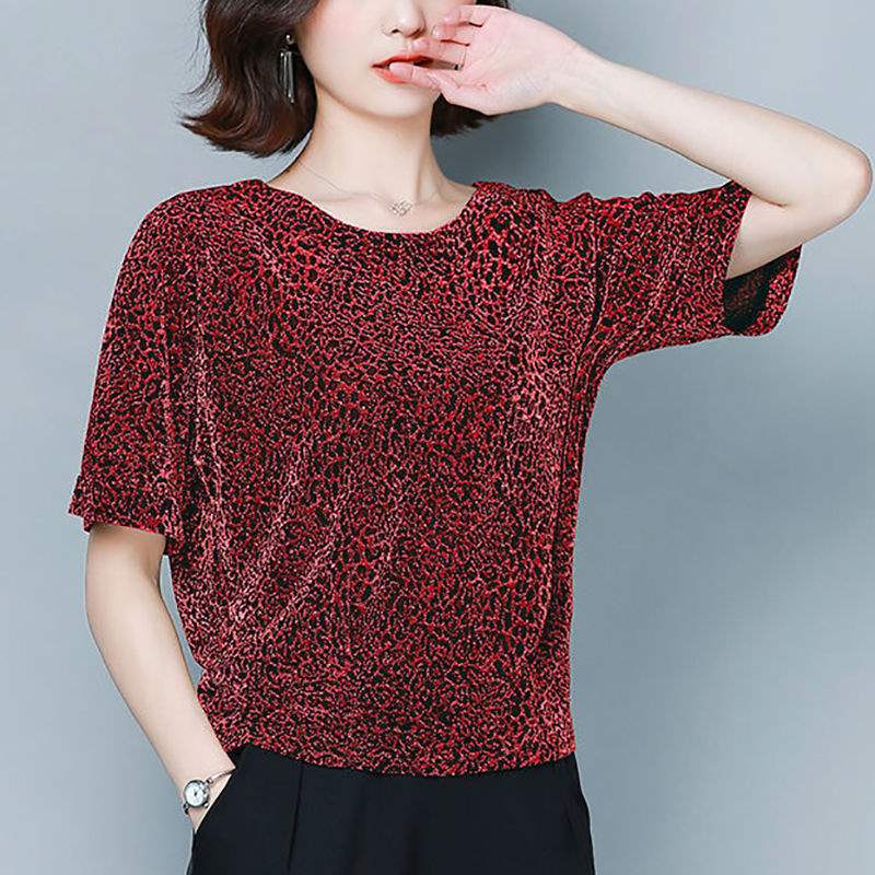 Bright silk T-shirt women's short-sleeved top summer new large size loose belly cover bright silk bottoming leopard print shirt