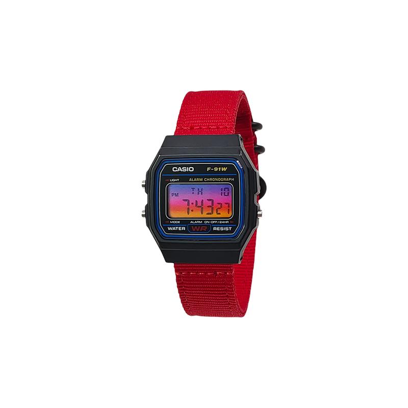 CASIO Customized watch modified series black resin case classic retro small square watch life F-91W---NEO-CRIMS-HongSeBiaoDaiZiHuangJianBianBiaoJing
