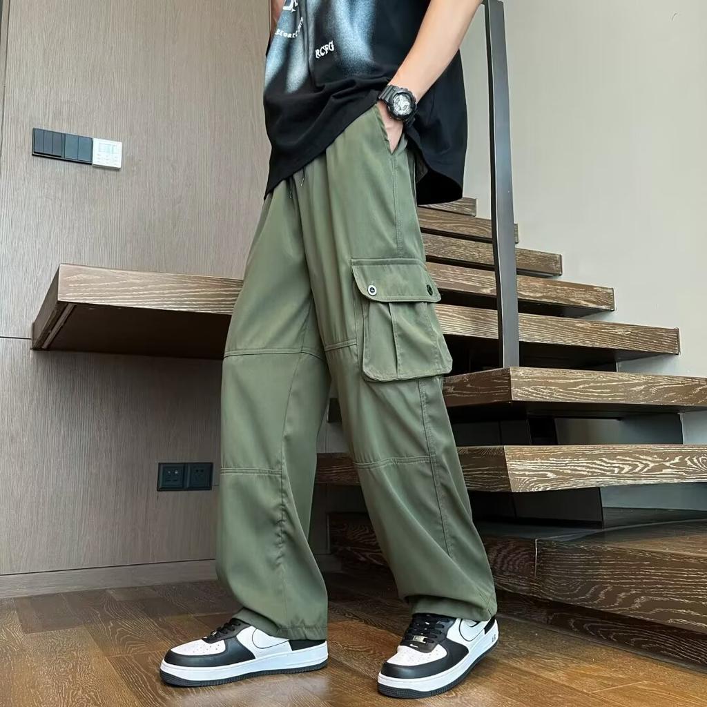 Multi-pocket Overalls Men's Summer Hong Kong Style Ins Loose Straight Trousers Trendy Elastic Waist Casual Pants
