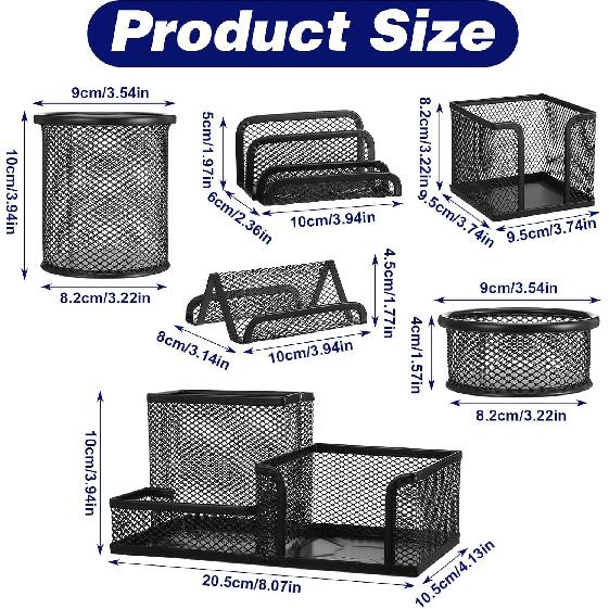 Mesh Pen Holder for Desk Pencil Holders 6 Pieces Desk Organizer Office Supplies Caddy with Sticky Notes Holder for Office School Home Black