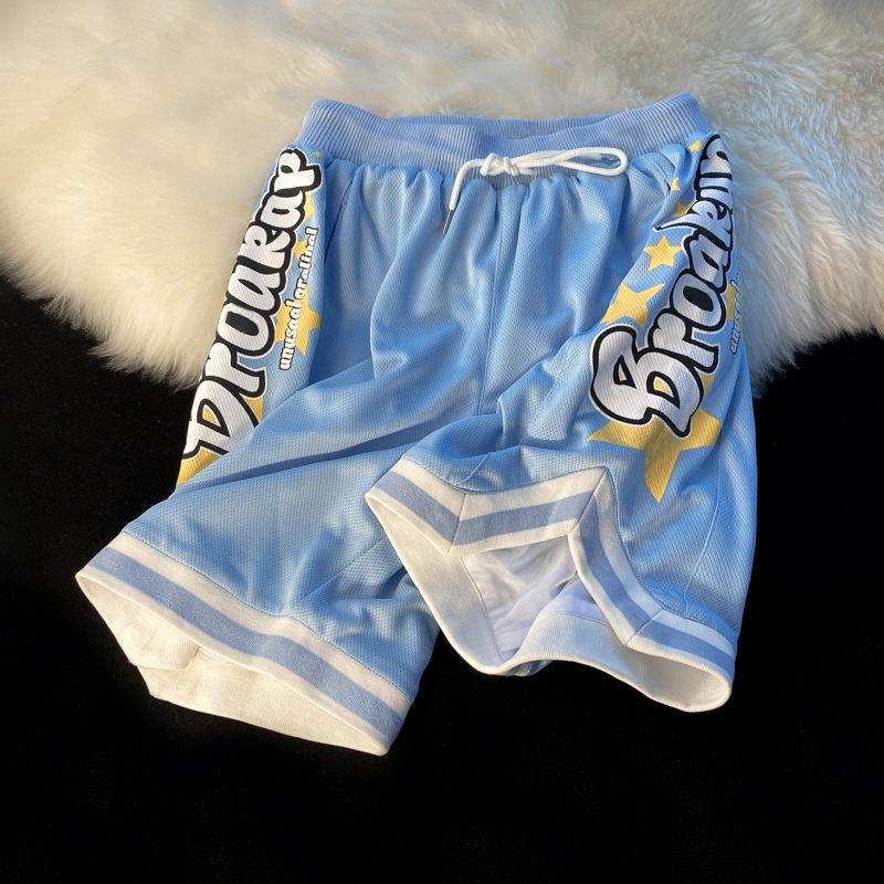 

Летние мужские повседневные спортивные шорты для бега, свободные брюки с буквенным принтом на шнуровке L синий