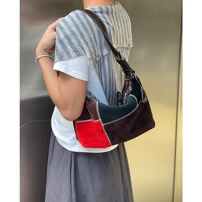 Vintage Frosted Cowhide Color Block Hobo Bag: Stylish High-End Handbag and Casual Crossbody Tote.