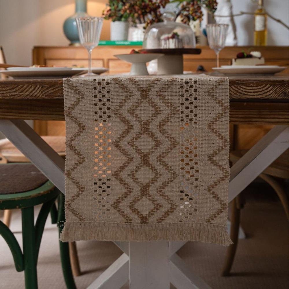Vintage Style Christmas Table Runner with Long Fringe Khaki Woven Jacquard Wave Design for TV Cabinet Decor