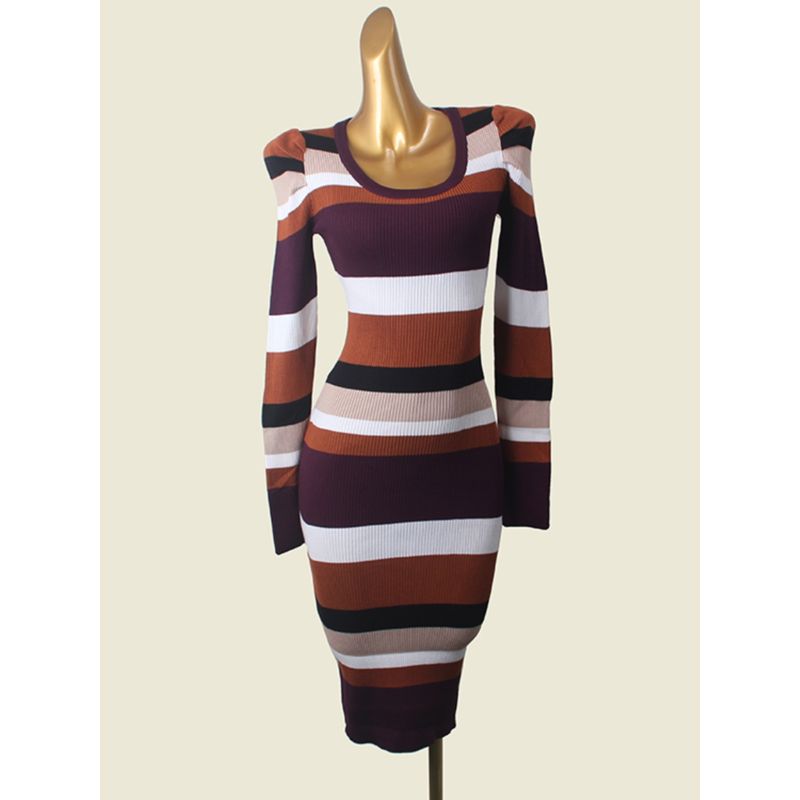 French Style Puff Sleeves Contrast Color U Collar Base Dress Foreign Trade Original Order Slim Fit Slimming Long Sleeves Bodycon Dress