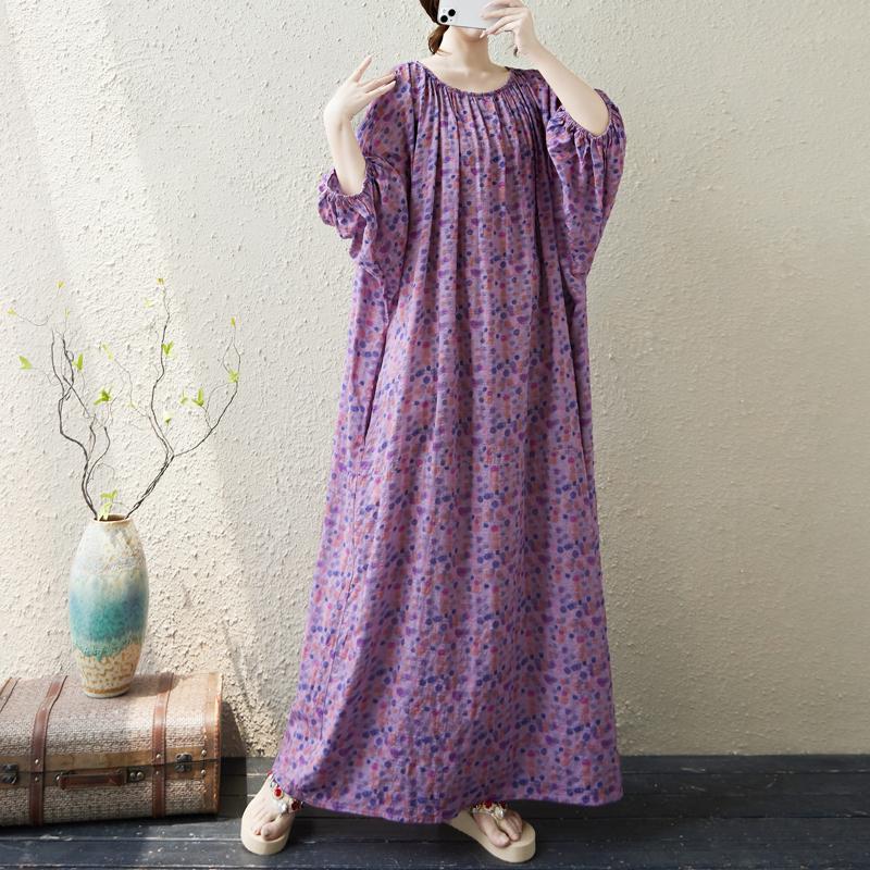 DIMANAF 2025 Plus Size Dress Women Summer Casual Vintage Floral Dress Basic Printing Long Beach Elegant Loose Dress