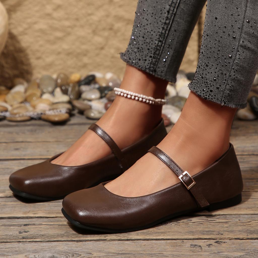 2026 New Women's French Vintage Mary Janes Leather  with Antique Brass Buckle Low Heel Dress Shoes Spring Flats Shoe