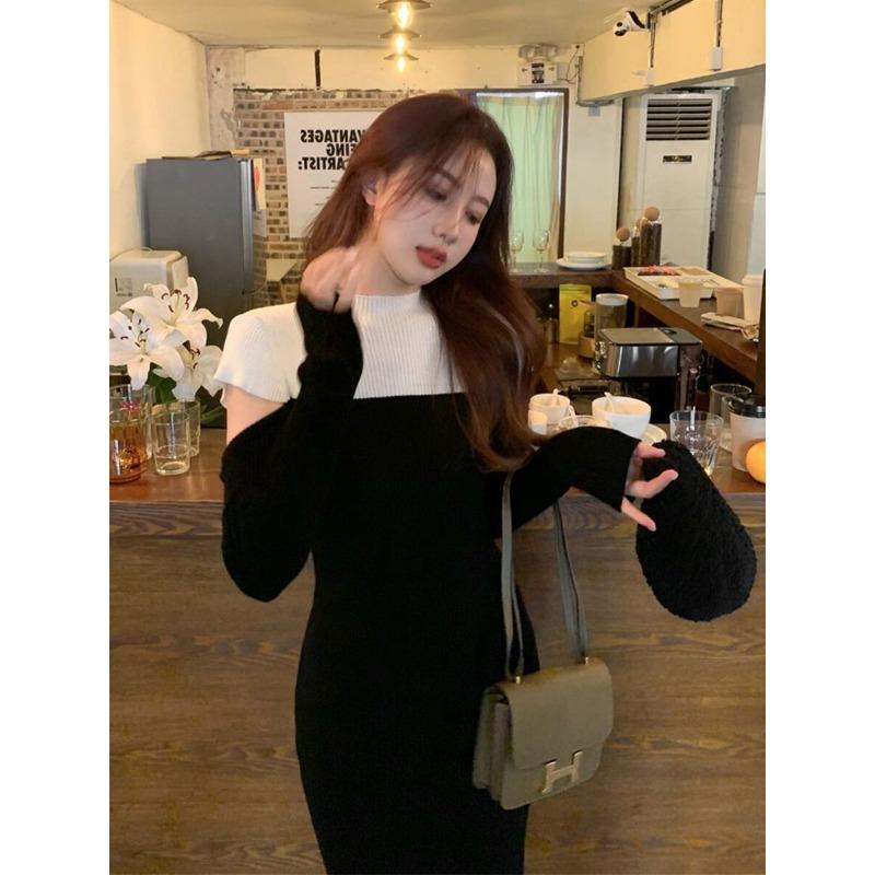 With Coat, Long Sweater Skirt, Over-knee Temperament, Underlay, Off-the-shoulder Knitted Dress for Women's Autumn and Winter