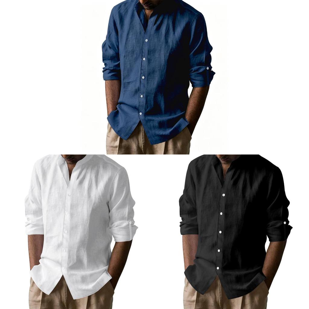 Casual Mens Linen Cotton Long Sleeve Shirt With Breathable Henley Collar For Summer Wear