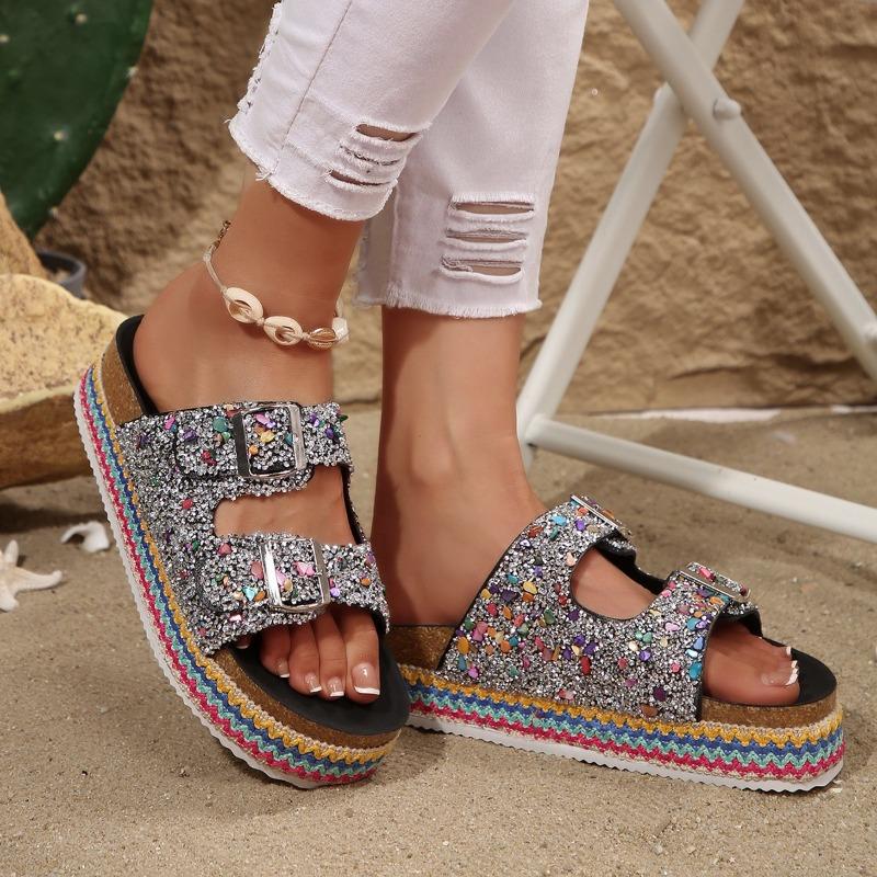 Slippers Fashion Rhinestone Double Buckle One Pedal Platform Women's Beach Sandals Large Size