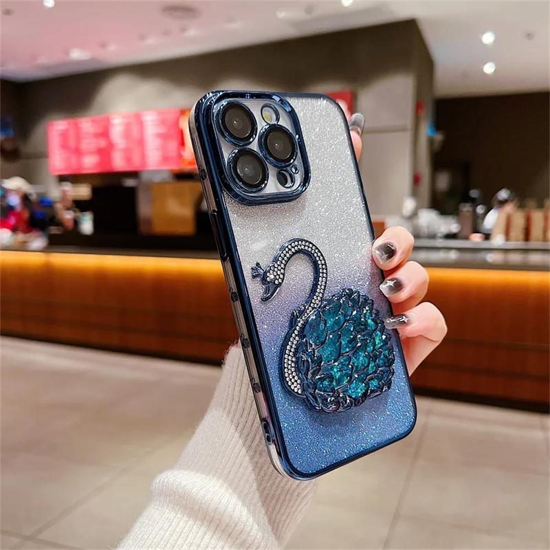 Double Color Gradient Diamond Swan Phone Case For iPhone 16 15 ProMax 14 13 12 Pro Max Plus 11 Glitter Quicksand Silicone Cover