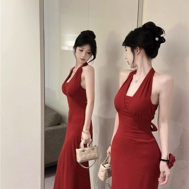 Summer New Diamond Chain Skirt Suspender Neck Slim Dress Red Pure Desire Spice Halter Fishtail Dress