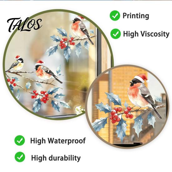 Reusable Christmas Party Decorations Watercolor Bird Window Sticker, Santa Hat on Beey Seasonal Clings Branch Static Decal, Waterproof Cling