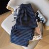 Navy Plaid Petite High-Waisted Fleece Pants - Women's Drawstring Floor-Length Slimming Pants for Autumn/Winter