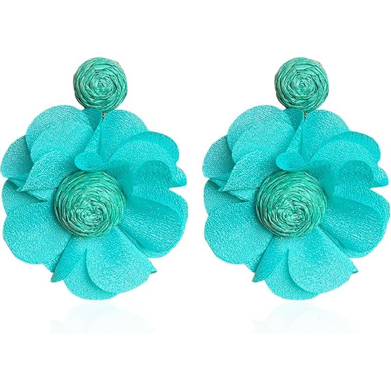 Rattan Earrings Summer Boho Handwoven Big Fabric Chiffon Rattan Flower Drop Earrings Statement Tropical Beach Vacation Jewelry