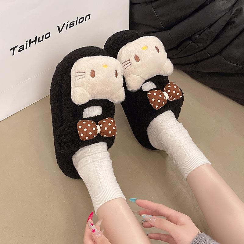 

Cute cartoon solid color sweetheart bow kt cat fluffy slippers women s 2025 autumn and winter new outer cotton slippers 35