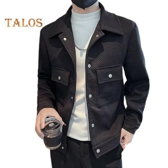 

Мужская куртка с лацканами, длинными рукавами, карманами-клапанами, однобортная куртка, пальто, однотонный полосатый жаккардовый узор, верхняя одежда M чёрный