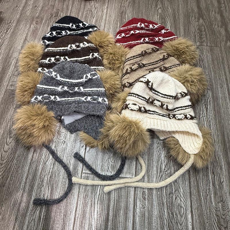 Maillard Striped Ear Bag Japanese and Korean Women's Geometric Jacquard Wool Hat Winter Windproof and Cold Ear Protection Lei Feng Hat