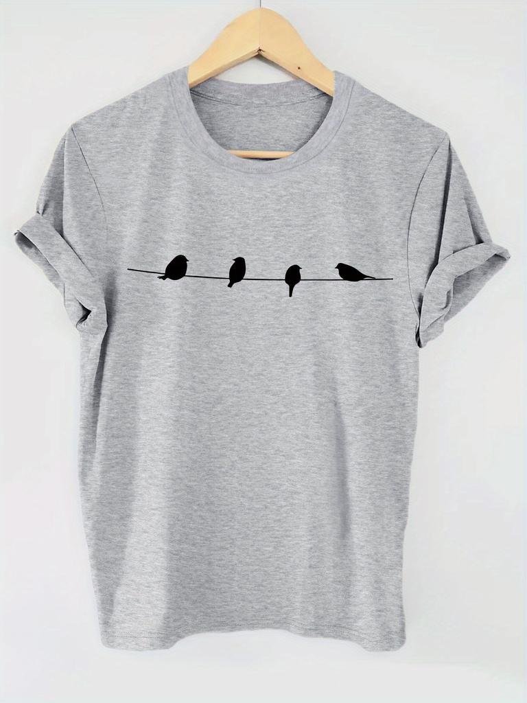 Casual Top for Summer & Spring Women's Clothing Bird Print T-shirt Short Sleeve Crew Neck