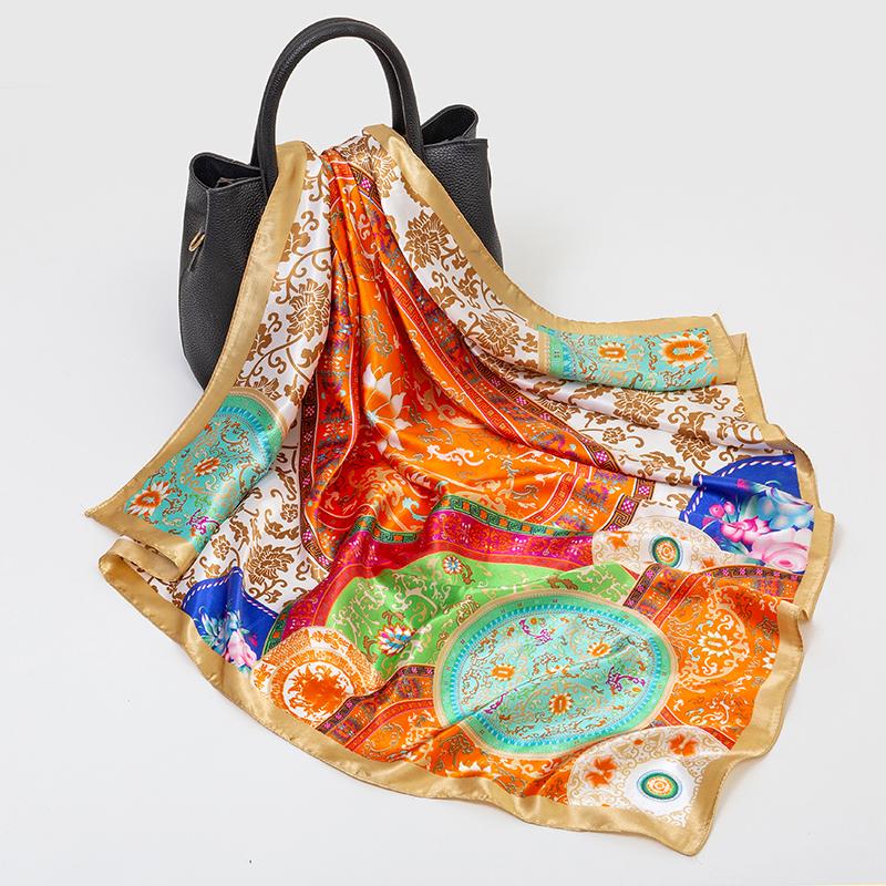 Satin Square Scarf for Women Muslim Hijab Elegant Print Silk Neckerchief Shawl Wraps Headband Bag Handle Bandana Islamic Turban