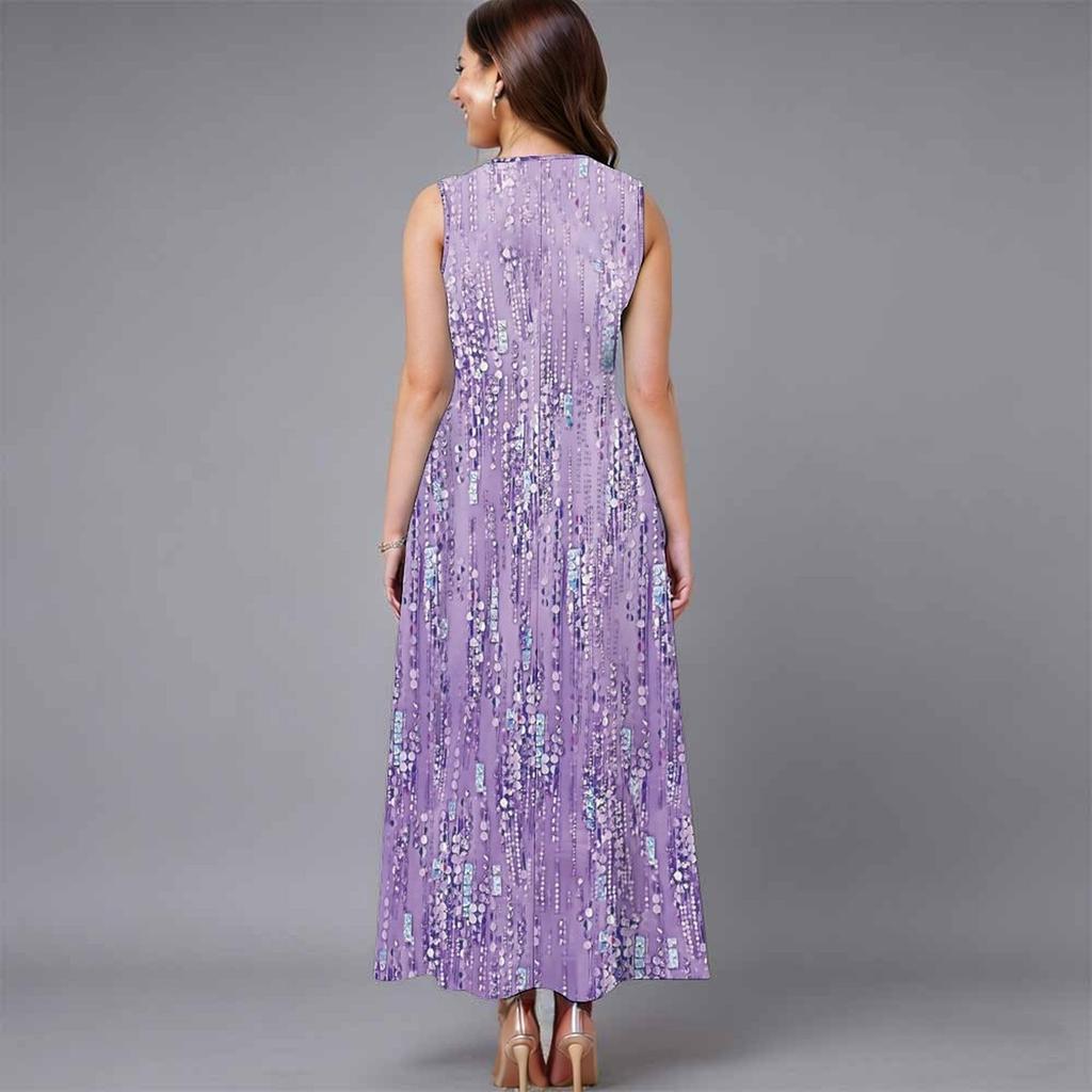 Ladies Plus Size Sleeveless Crew Neck Dress Distinct Floral Printed Loose Mid Length Dress