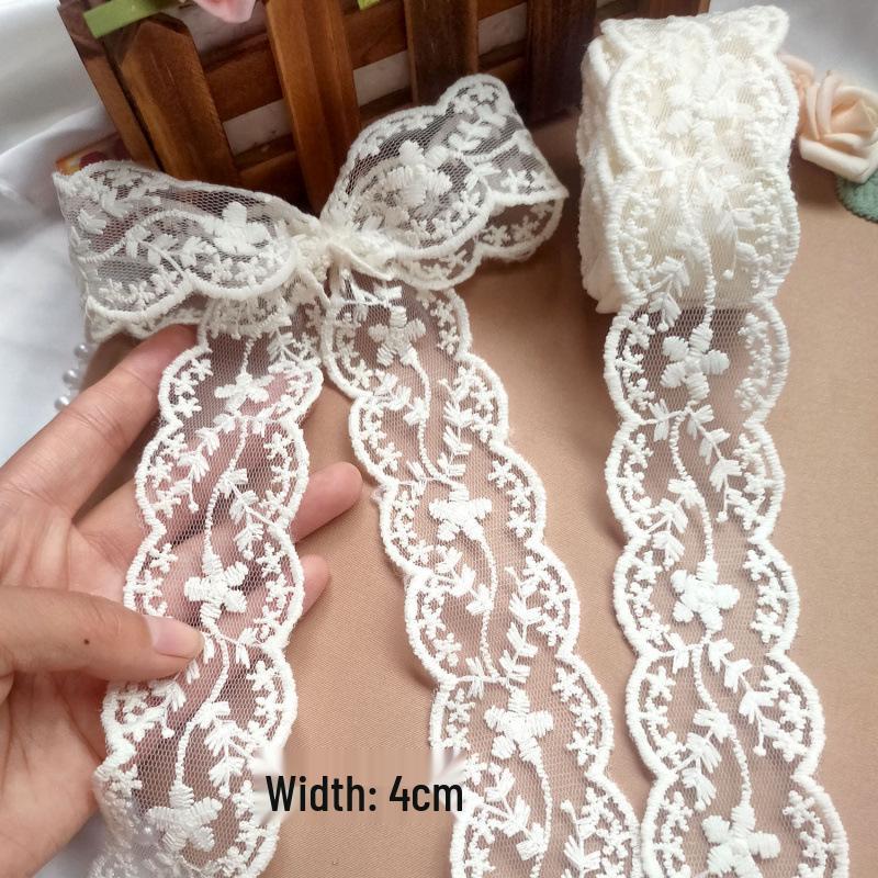 Beige 4cm Embroidered Lace Trim Bow for Hair Accessories, Lolita Ornaments, Bouquet Decoration, Ribbon Craft.