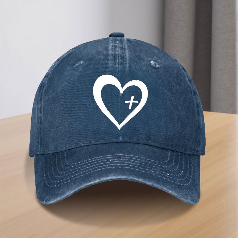 Christian Heart Cross Baseball Cap Unisex Polyester Distressed Denim Look Casual Church Hat