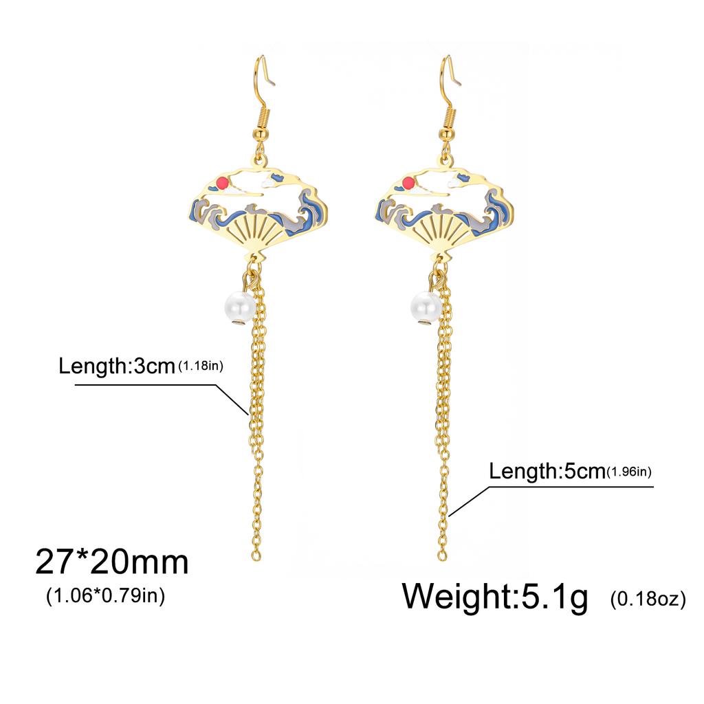 Teamer Enamel Folding Fan Charms Pearl Pendant Earrings For Women Girls Stainless Steel Hoop Earrings Fashion Jewelry Gift New