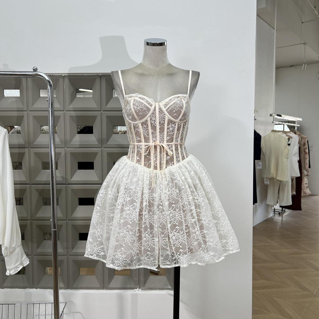 Sweet & Spicy Lace Waist-Cinched Puffy Strap Mini Dress for Parties - Autumn/Summer