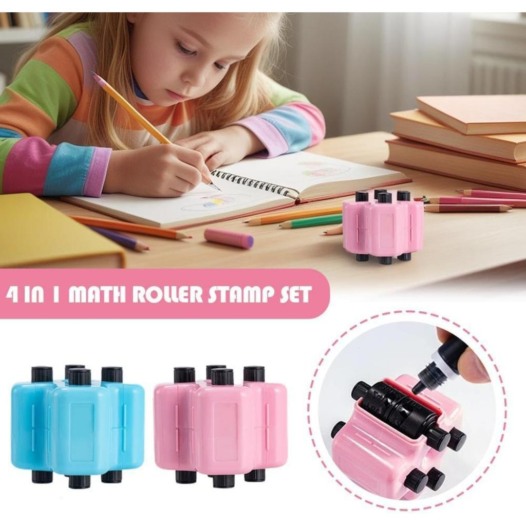 4 in 1 Math Roller Stamp Set,Randomized Addition Subtraction Multiplication Division Practice Tool,Fun Math Gift for Kids,Classroom Use