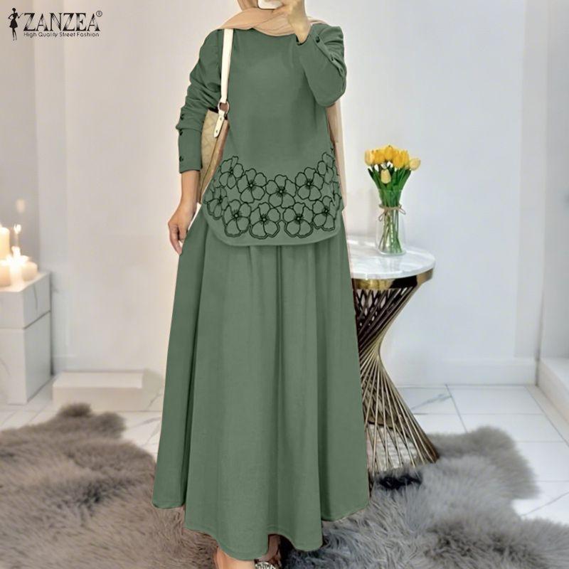 ZANZEA Women Long Sleeve Print Blouse and Long Skirts Muslim Two Piece Suit Sets