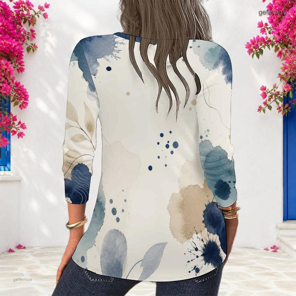 Women Plus Size White Abstract Printed Round Neck Long Sleeve Pullover Sweatshirt