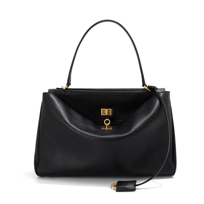 

Слой верха коровья кожа 2025 Модная ретро ручная сумка-тоут Одинарная кожаная ручка Сумка с дном Большая вместимость Универсальная сумка Large Size (35CM em 10 -em 23) чёрный/золотой