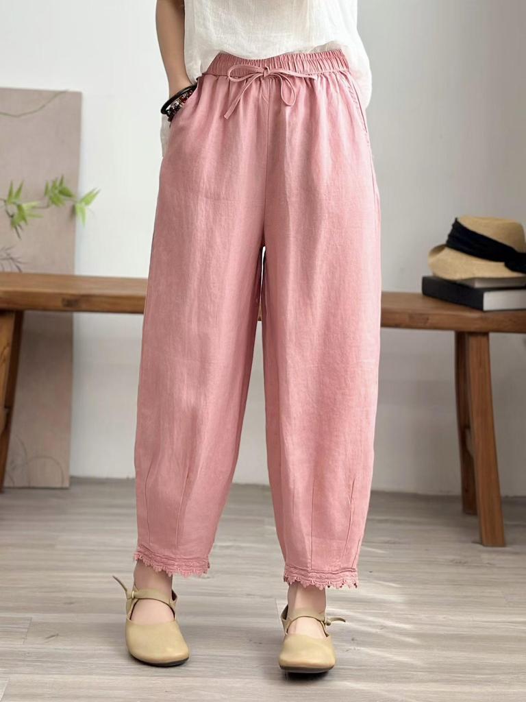 2026 Spring Women's Loose Linen Casual Harem Pants - Slimming, Versatile, Solid Color, Elastic Waist.