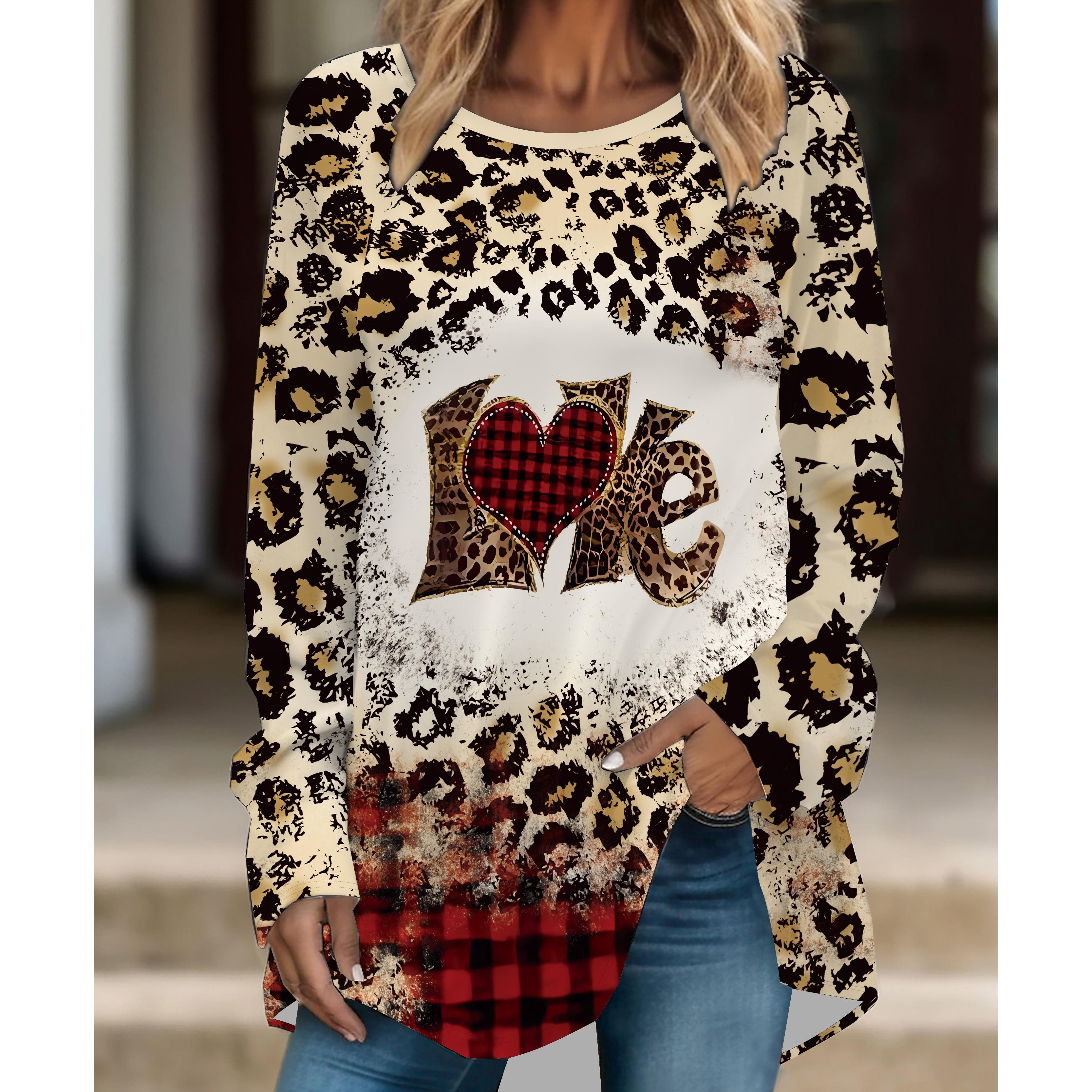 

Женская модная футболка большого размера с леопардовым принтом, удобная, с длинным рукавом и круглым вырезом, повседневная, свободного кроя, средней длины 6XL коричневый