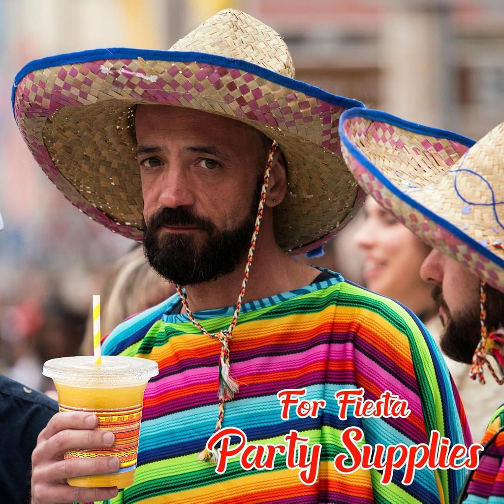 50 Pack 12 oz Fiesta Plastic Cups with Lids and Paper Straws Mexican Clear Disposable Cups Bulk Cinco De Mayo Party Decorations for Fiesta Taco