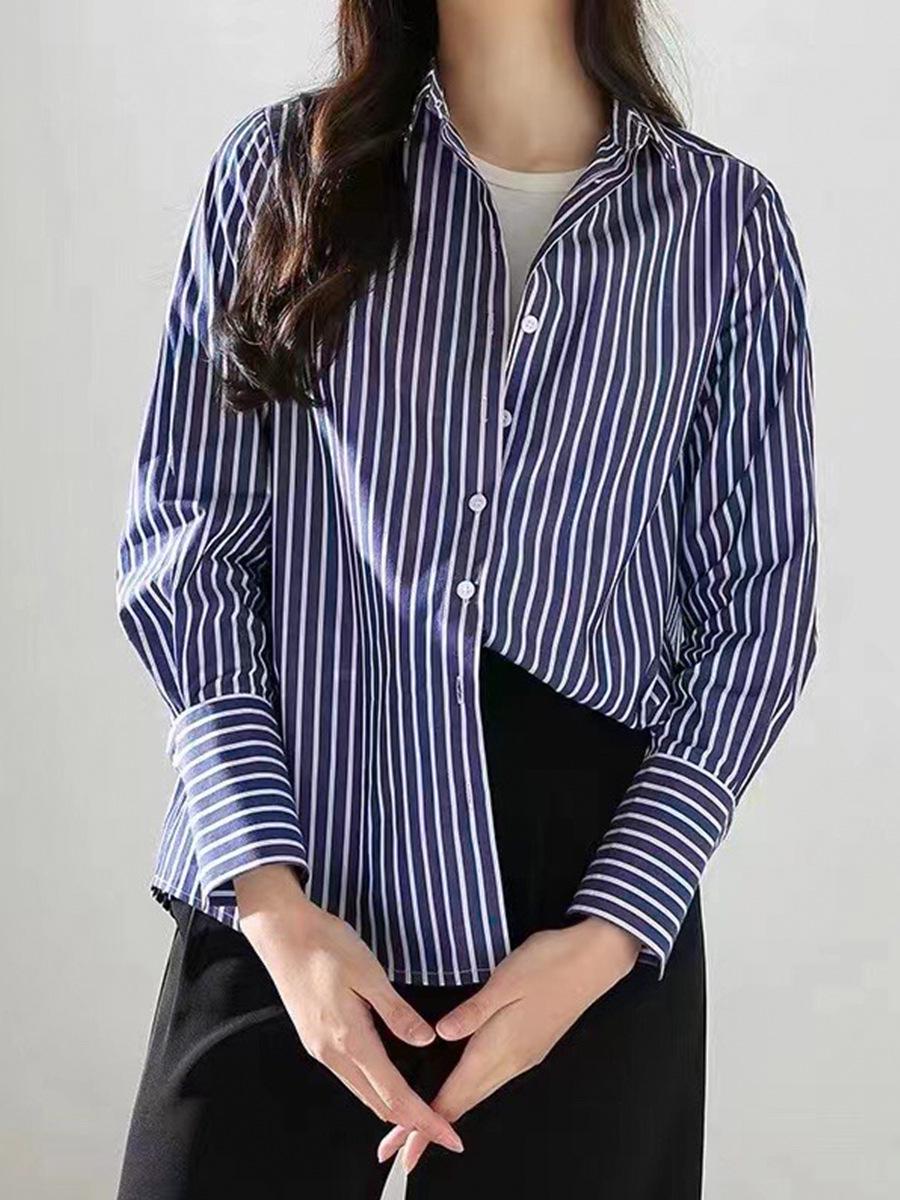 

Sucheng Women s Blue Striped Slimming Cotton Long-Sleeve Shirt XL (135-150 lbs)